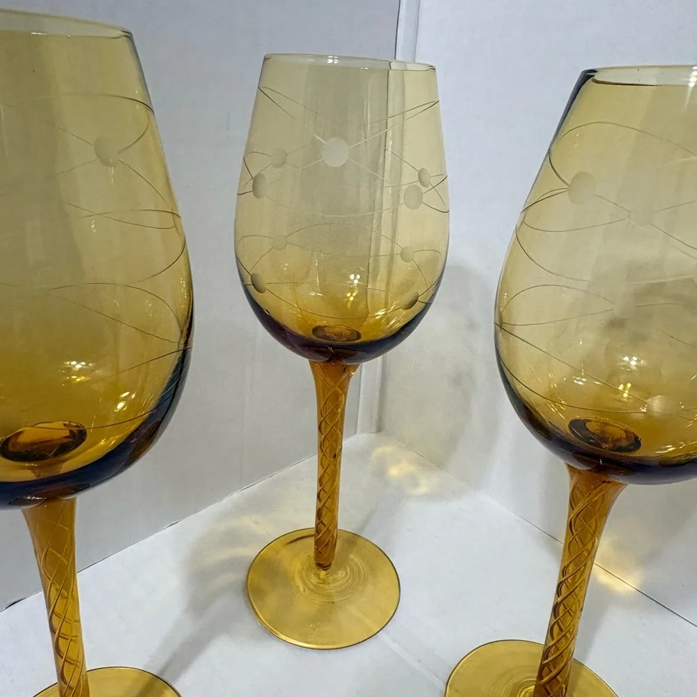 Vintage MCM Eisch Pirouette Amber Glasses, Air Twist Space Age Orbital Pattern 4